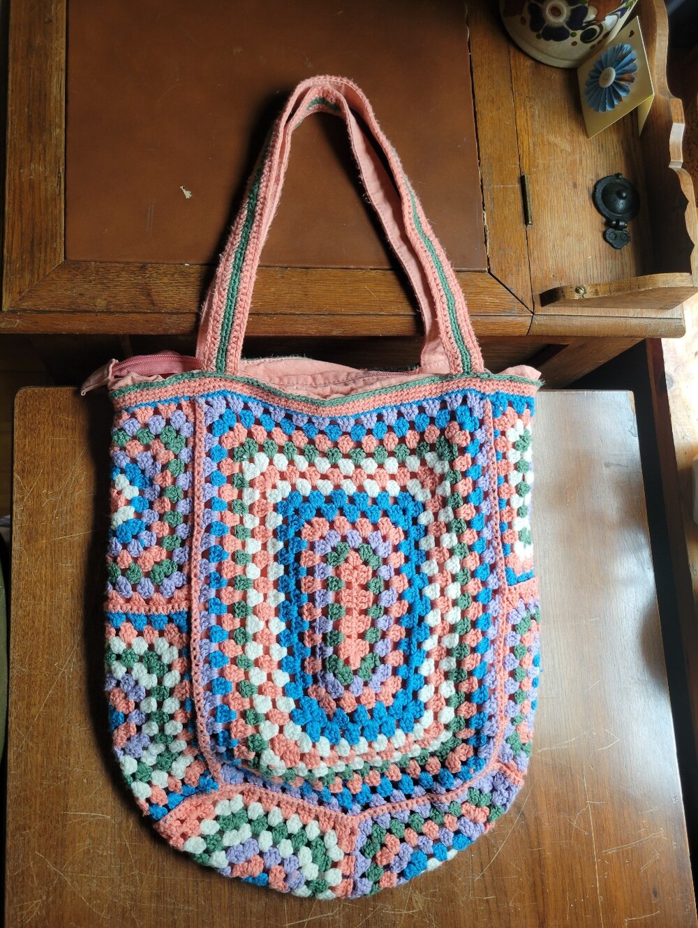 Crocheted Tote Bag Colorful Crochet Fabric Lined
